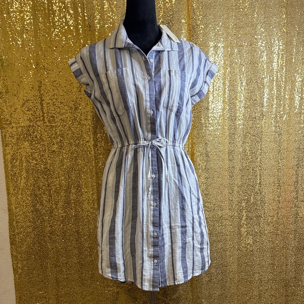 Japna Blue-White Striped Dress button front closure and cinched waist with tie